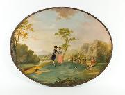 Edward Bird Decorated oval japanned tray base with painted scene from Tristram Shandy, signed and attributed to Edward Bird. painting